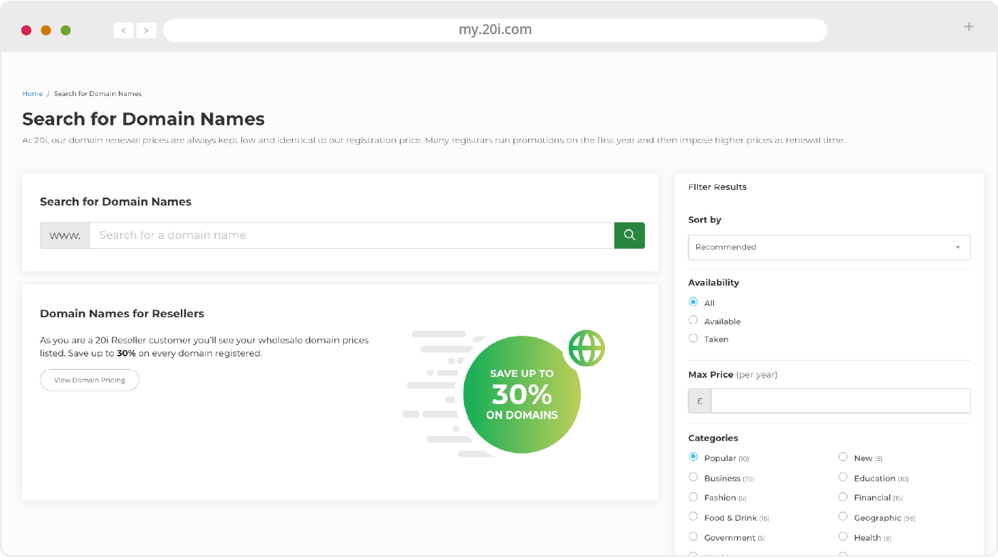 Screenshot of how to register new domain names